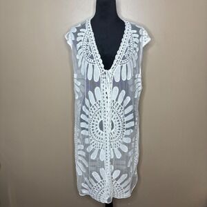 Calstyle White Embroidered Mesh Swimsuit Cover Up XL Boho Lace Kimono‎